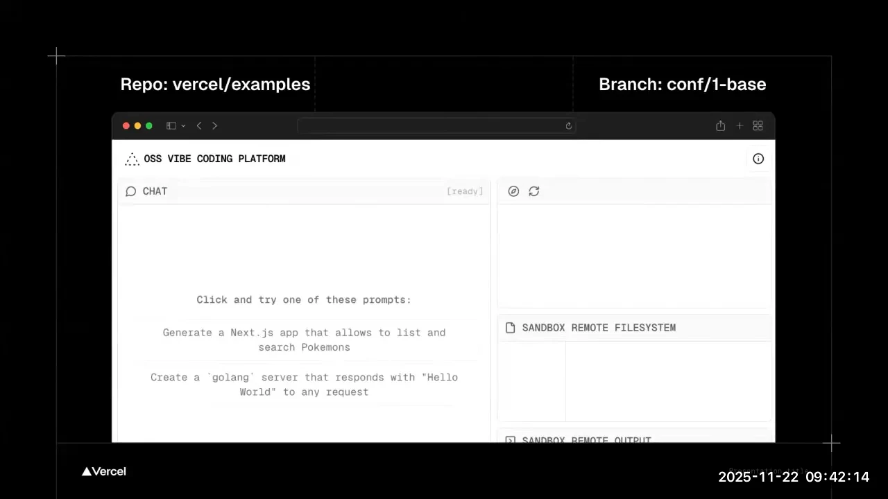 Slide naming the repository and branch above the OSS Vibe Coding Platform interface, with chat, preview, sandbox filesystem and output areas.