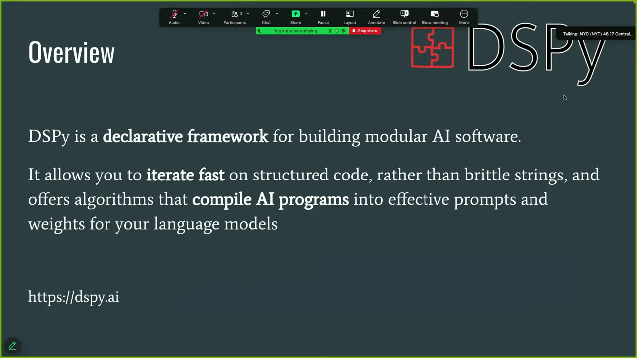 Overview slide describing DSPy as a declarative framework that compiles AI programs into prompts and weights, with the dspy.ai URL.