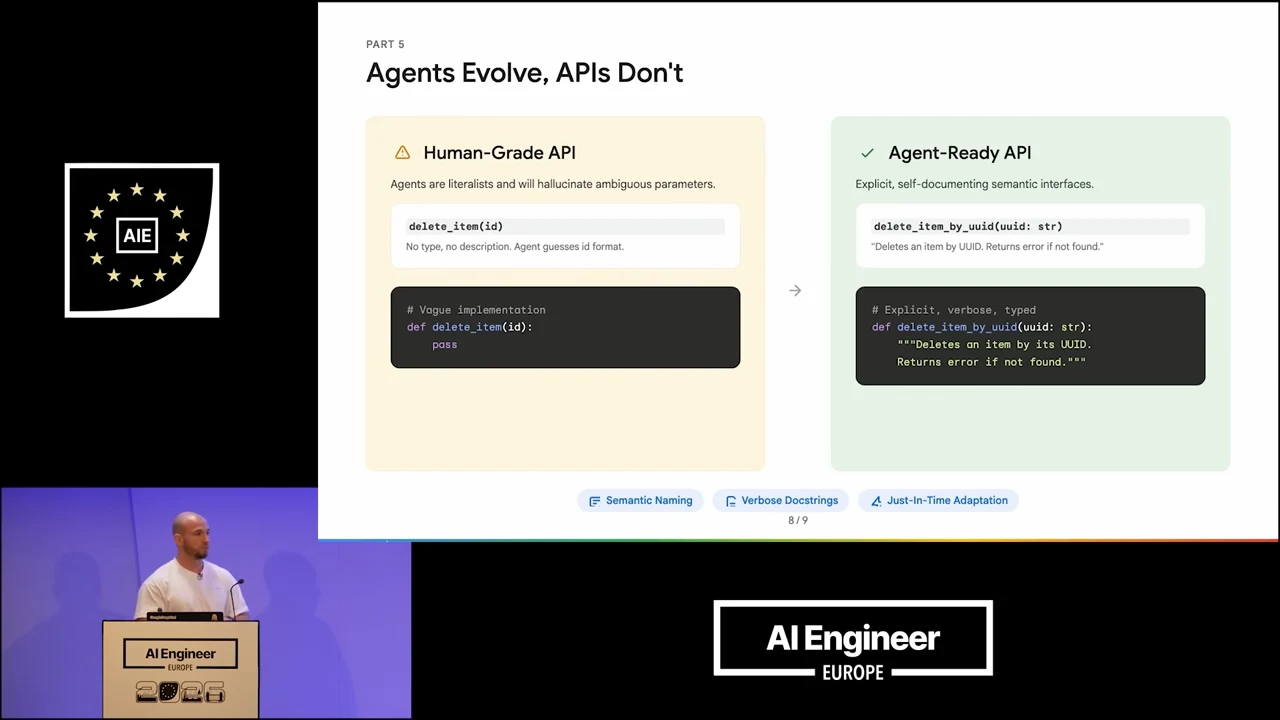 “Agents Evolve, APIs Don’t” slide contrasts a yellow Human-Grade API panel with a green Agent-Ready API panel, including code examples and semantic naming, verbose docstrings, and just-in-time adaptation labels.