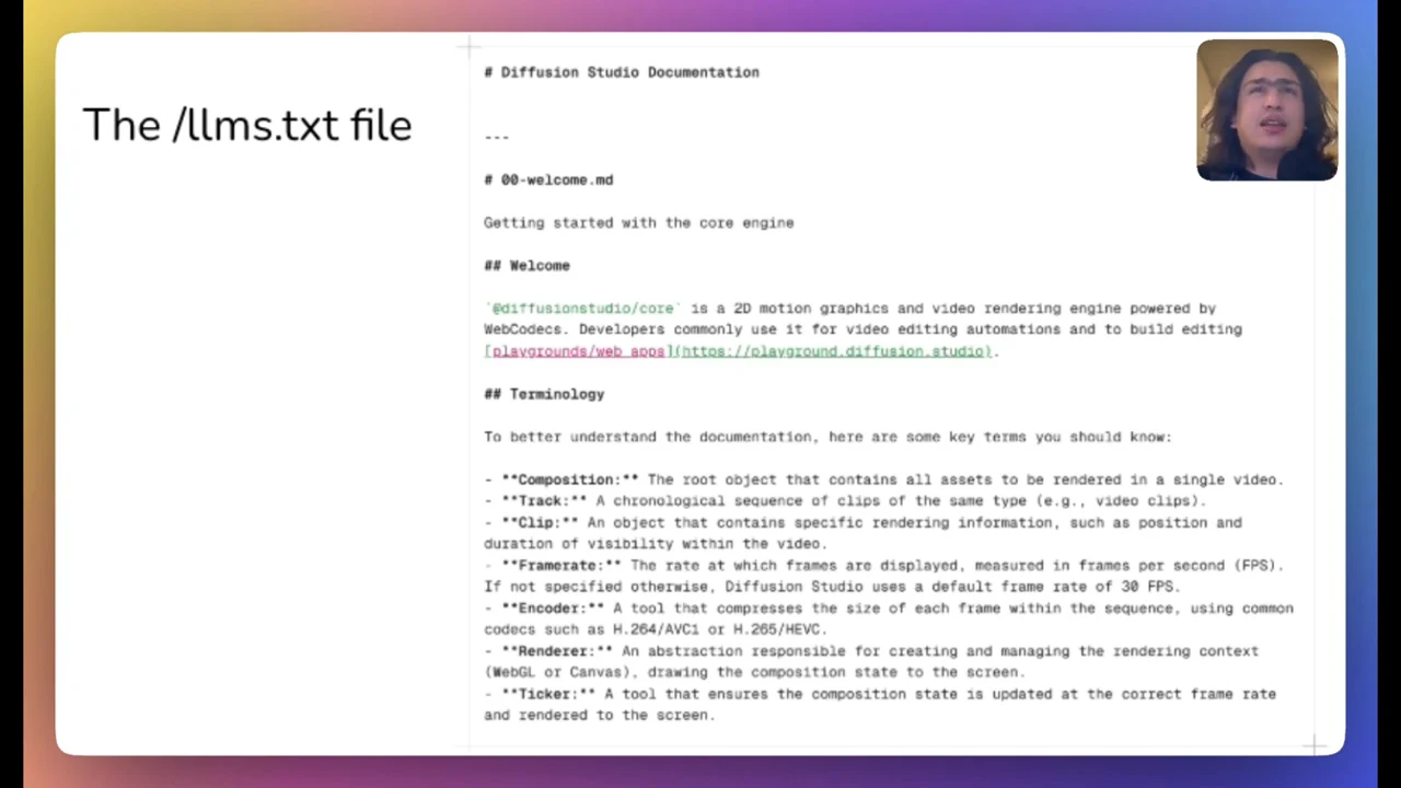 Slide titled “The /llms.txt file” beside a documentation excerpt with a welcome section and terminology definitions.