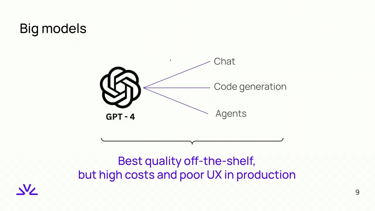 GPT-4 branches to Chat, Code generation, and Agents above the statement: Best quality off-the-shelf, but high costs and poor UX in production.