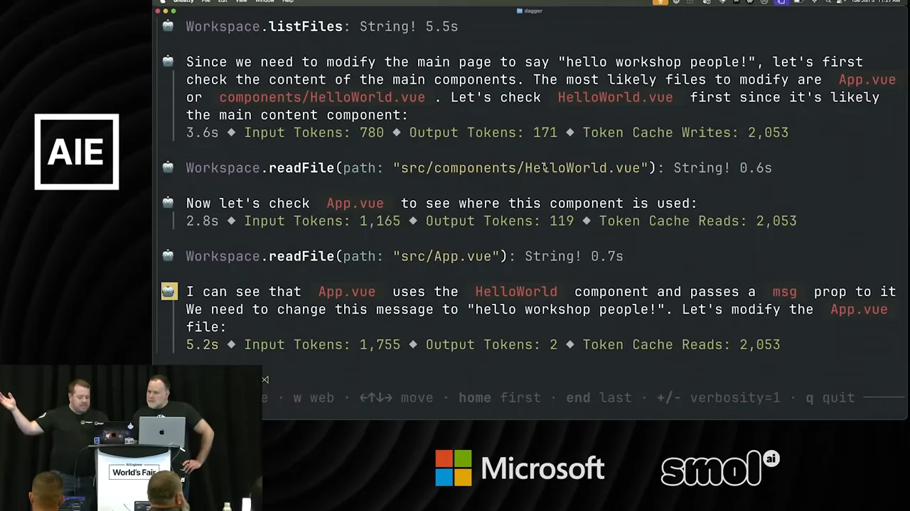 Terminal trace showing reads of HelloWorld.vue and App.vue, followed by text identifying the greeting passed through a component prop.
