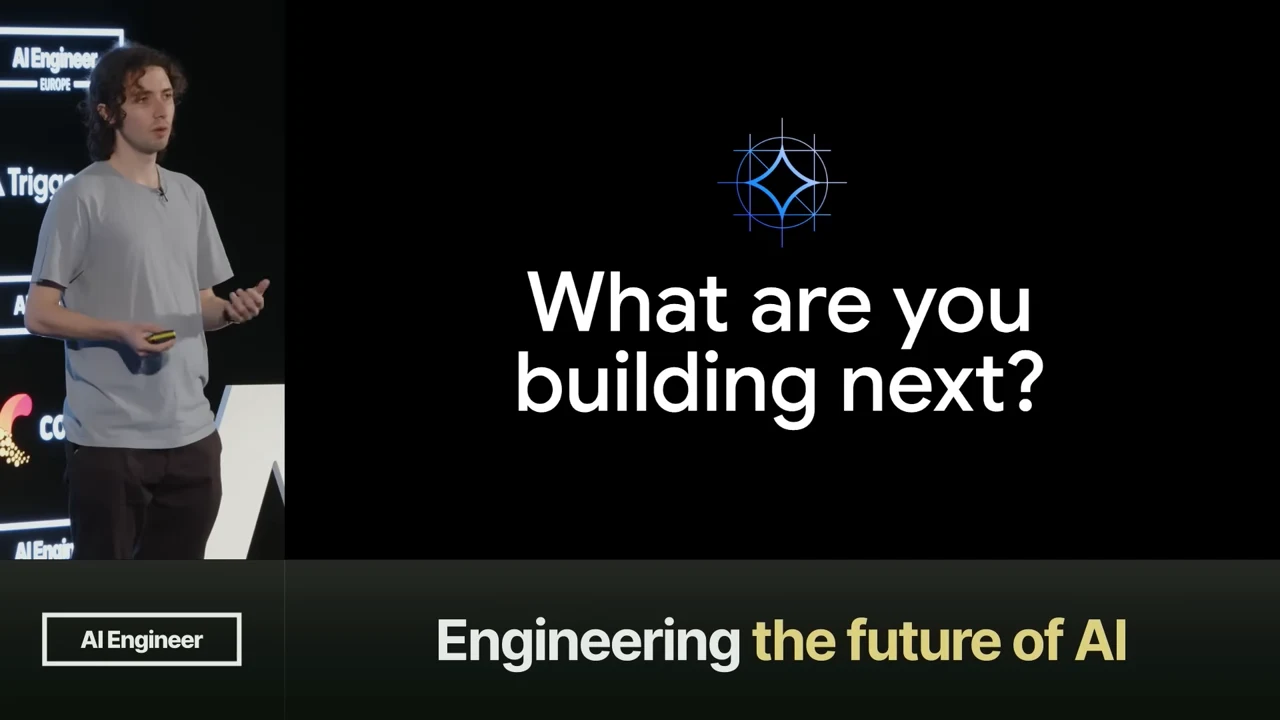 Presenter beside a black slide with the Gemma symbol and the words “What are you building next?”