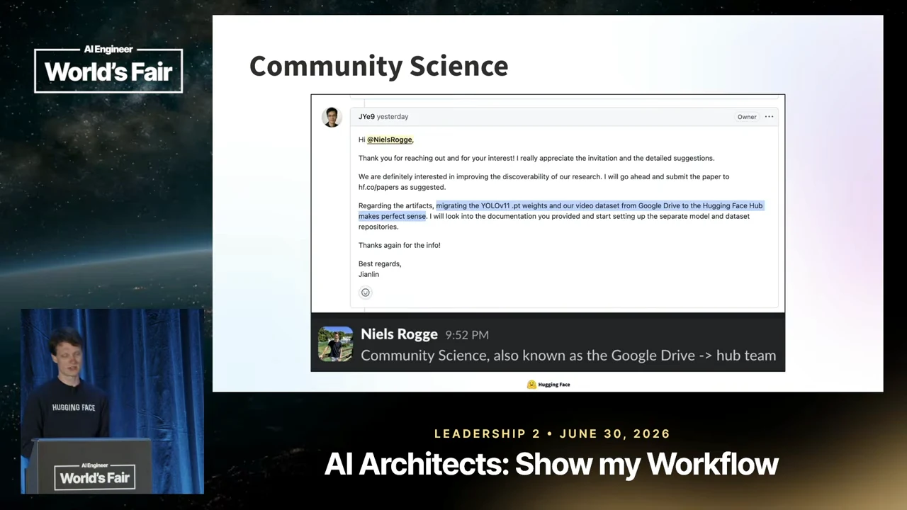 Community Science slide showing a GitHub reply about moving weights and a video dataset to Hugging Face, above Niels Rogge’s Google Drive-to-hub comment.