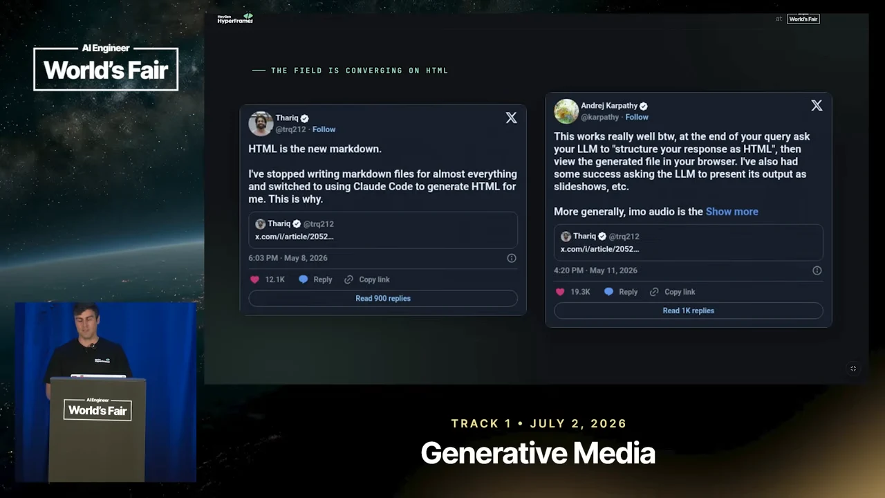 Slide headed “The field is converging on HTML,” with posts by Thariq and Andrej Karpathy side by side.