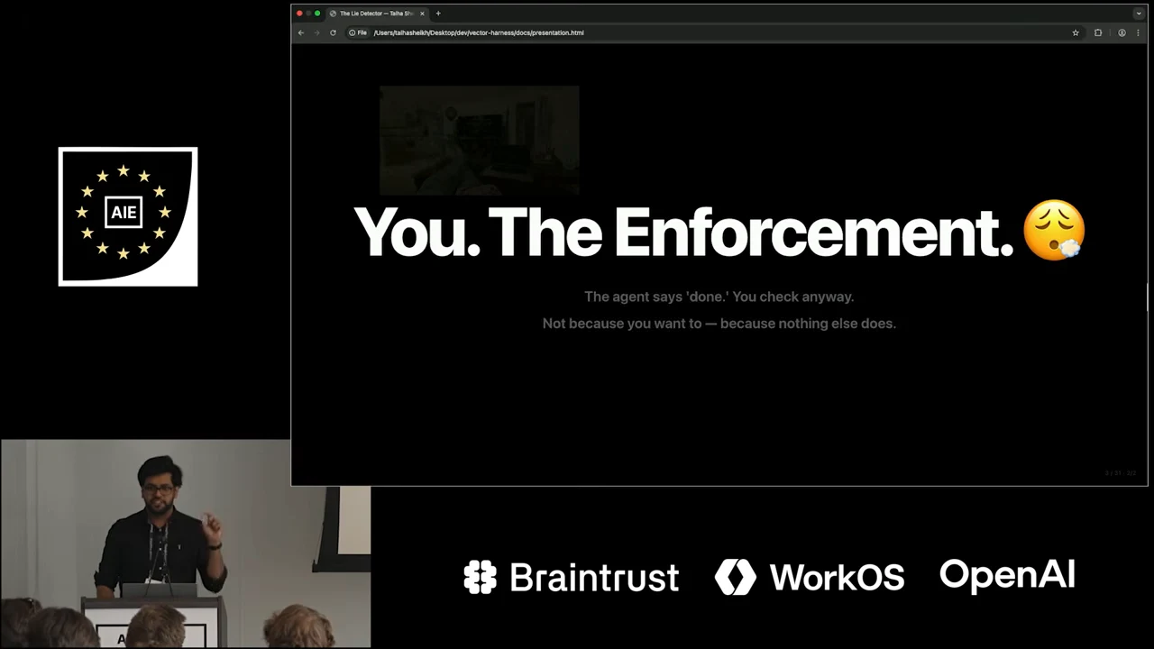 Slide titled “You. The Enforcement.” with two lines explaining that you check the agent’s work because nothing else does.