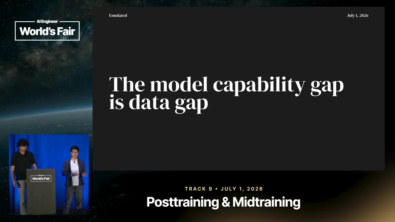 Black slide with large white text reading “The model capability gap is data gap,” with two presenters visible at the lower left.
