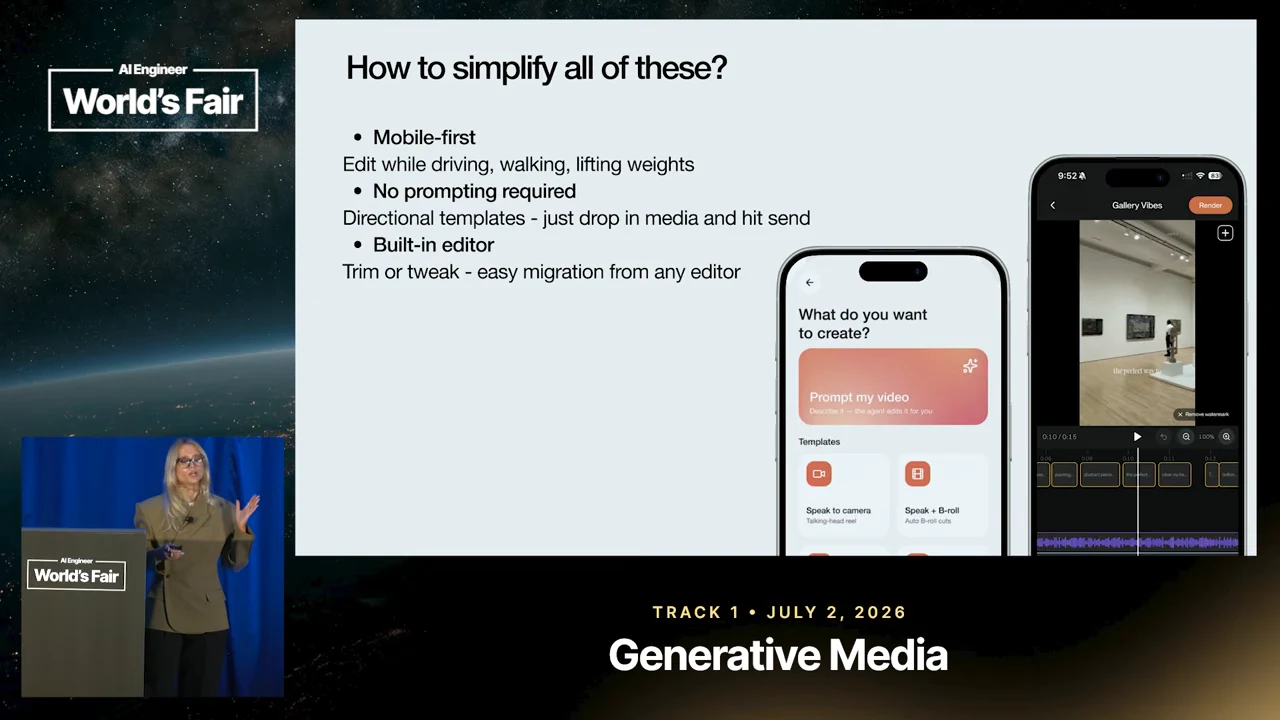Slide titled “How to simplify all of these?” lists mobile-first, no prompting required, and built-in editor beside phone screenshots of creation templates and a video-editing timeline.
