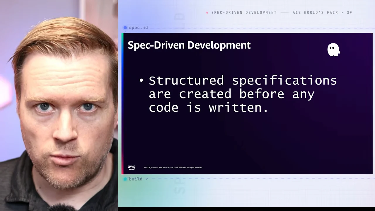 Presenter beside a Spec-Driven Development slide stating that structured specifications are created before any code is written.