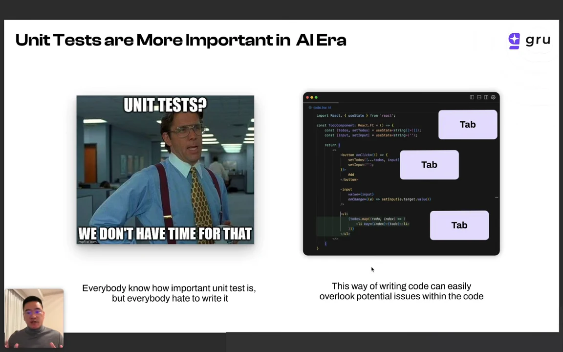 Slide titled “Unit Tests are More Important in AI Era,” with a unit-test meme beside a code editor overlaid with three Tab labels and text warning about overlooked issues.