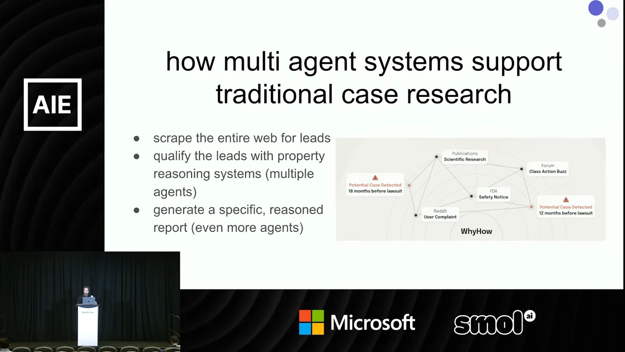 Slide on multi-agent support for traditional case research, with three workflow bullets and a network linking scientific research, a safety notice, user complaints, and class action discussion to potential cases.