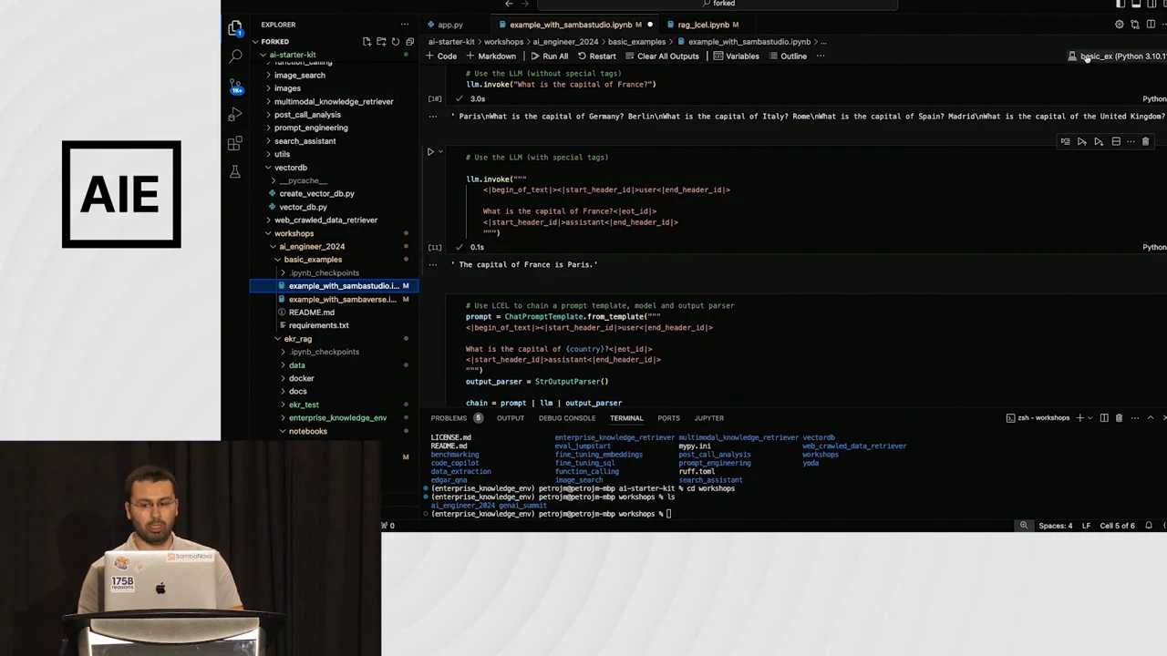 VS Code notebook showing Python cells, capital-city responses, a project explorer, and an integrated terminal.