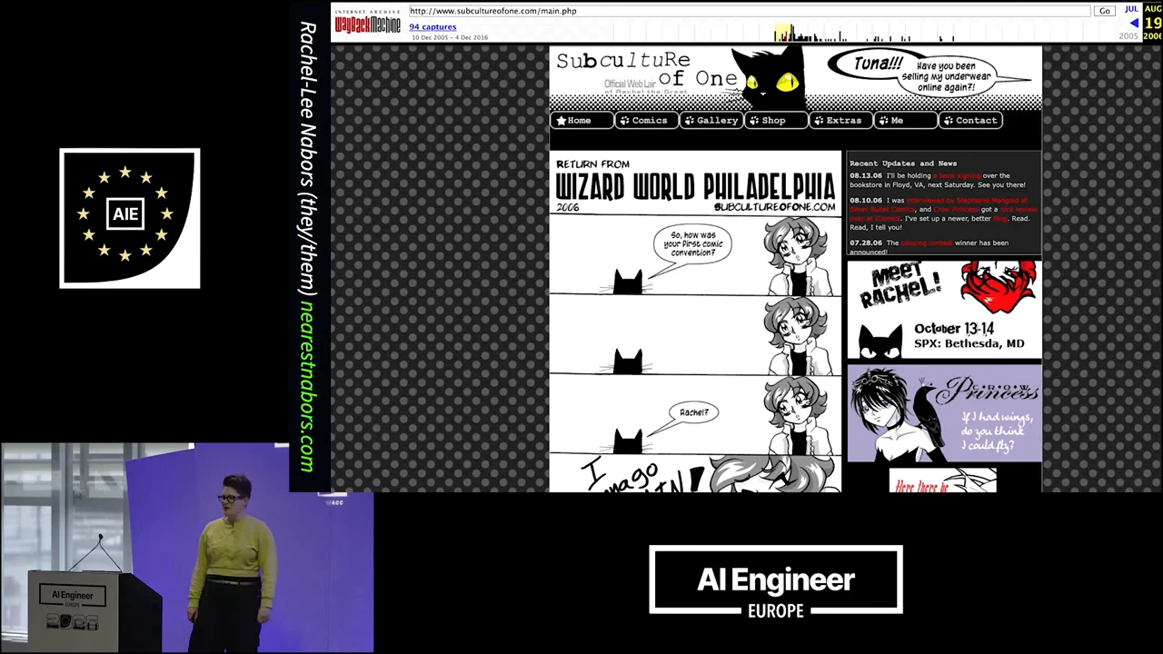 Archived webcomic homepage with a patterned background, comic panels, navigation links, and illustrated sidebar announcements.