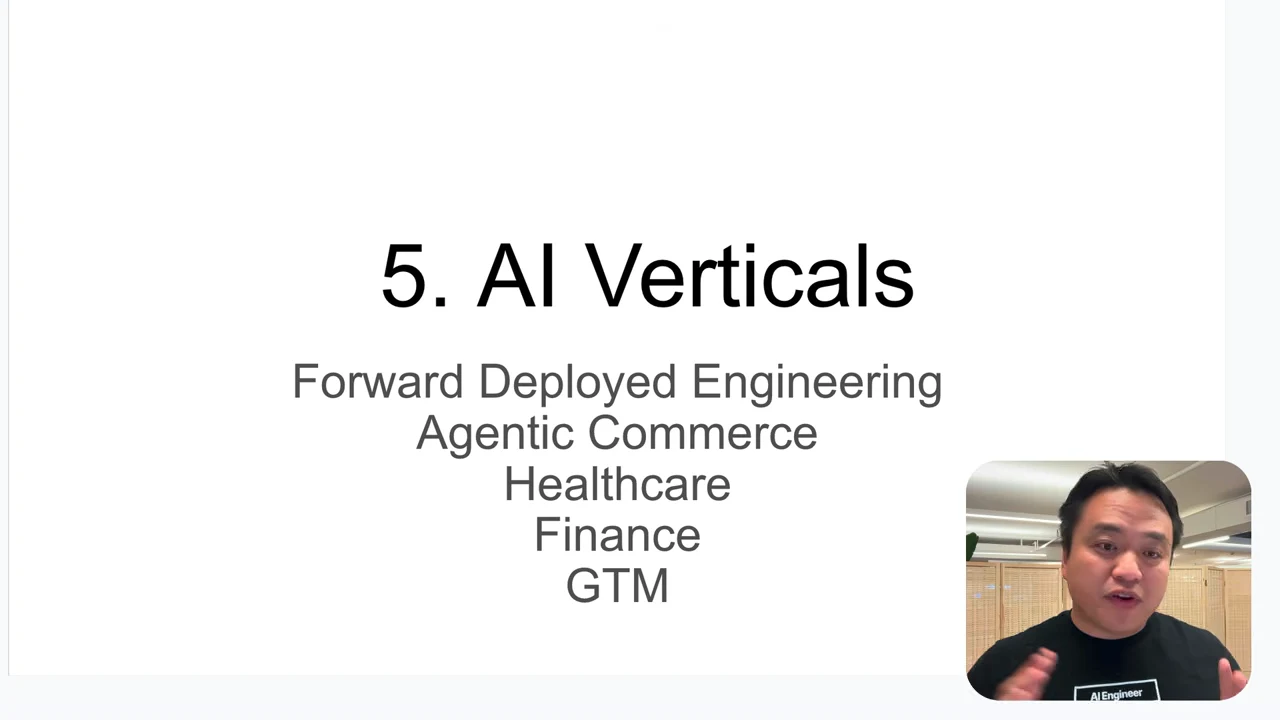 AI Verticals slide listing Forward Deployed Engineering, Agentic Commerce, Healthcare, Finance, and GTM.