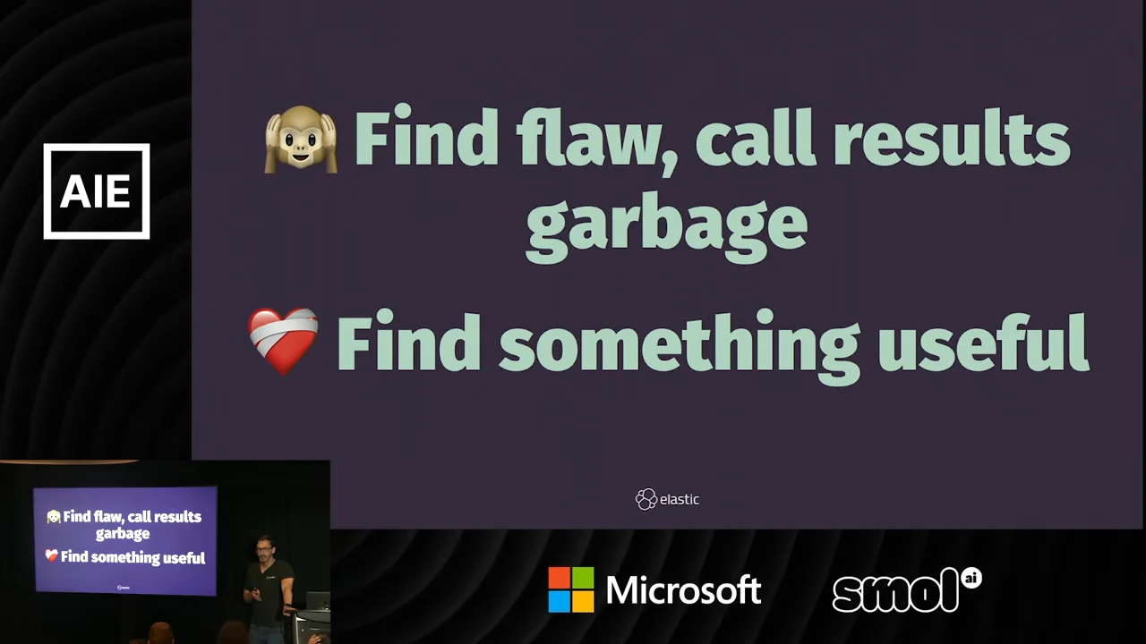 Purple slide with a see-no-evil monkey beside “Find flaw, call results garbage” and a bandaged heart beside “Find something useful.”