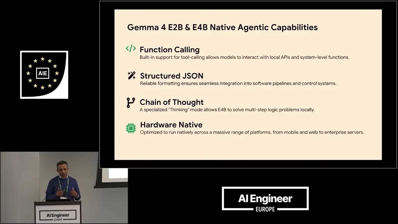 Slide listing Function Calling, Structured JSON, Chain of Thought, and Hardware Native, each with an icon and explanatory text.