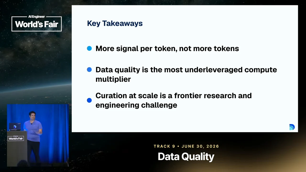 Three bullets call for more signal per token rather than more tokens, describe data quality as an underleveraged compute multiplier, and identify scaled curation as a frontier research and engineering challenge.