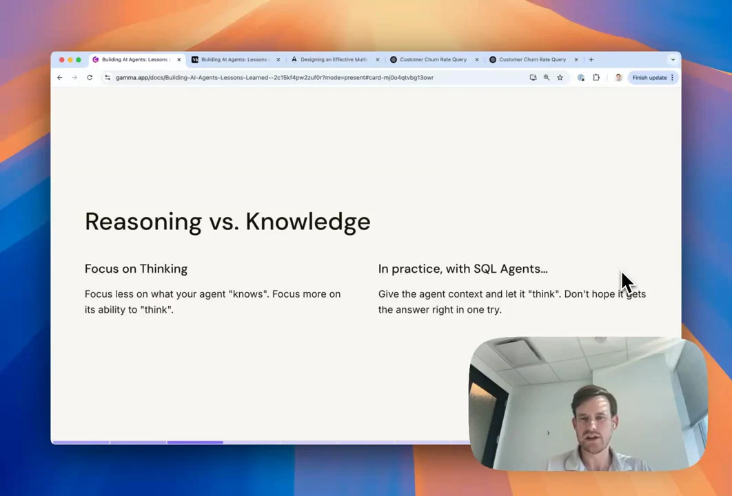 Slide titled “Reasoning vs. Knowledge” with columns “Focus on Thinking” and “In practice, with SQL Agents…”; presenter inset at lower right.