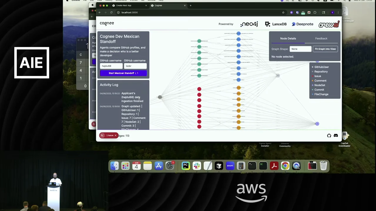 Cognee browser demo with columns of colored nodes connected by lines, an activity log on the left, and graph controls and a node legend on the right.