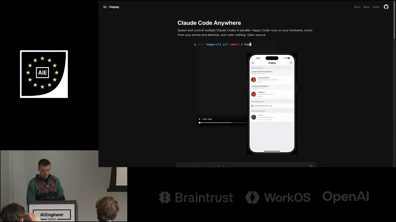 Dark Happy webpage with the heading “Claude Code Anywhere,” a terminal panel, and a phone showing a session list.