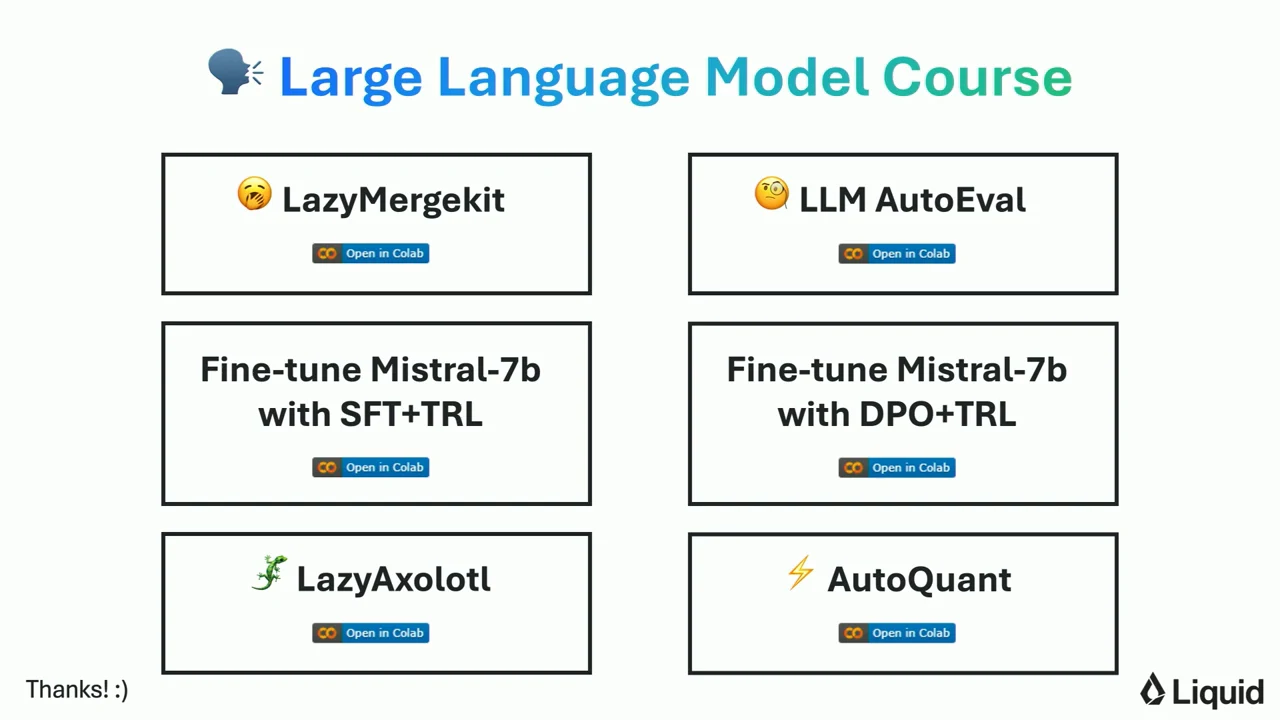 Six boxes list LazyMergekit, LLM AutoEval, Mistral-7b fine-tuning with SFT+TRL and DPO+TRL, LazyAxolotl, and AutoQuant.