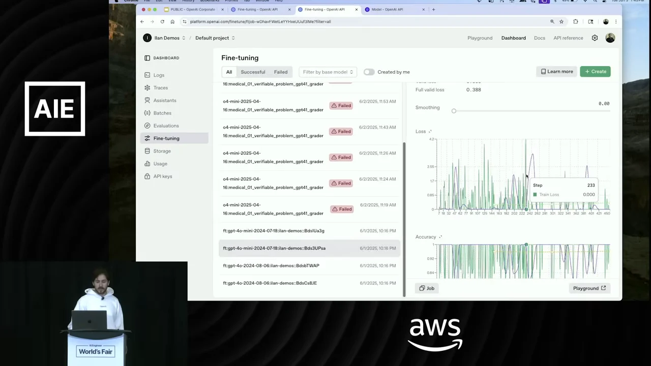 Fine-tuning dashboard with a job list and green and blue traces in loss and accuracy charts.