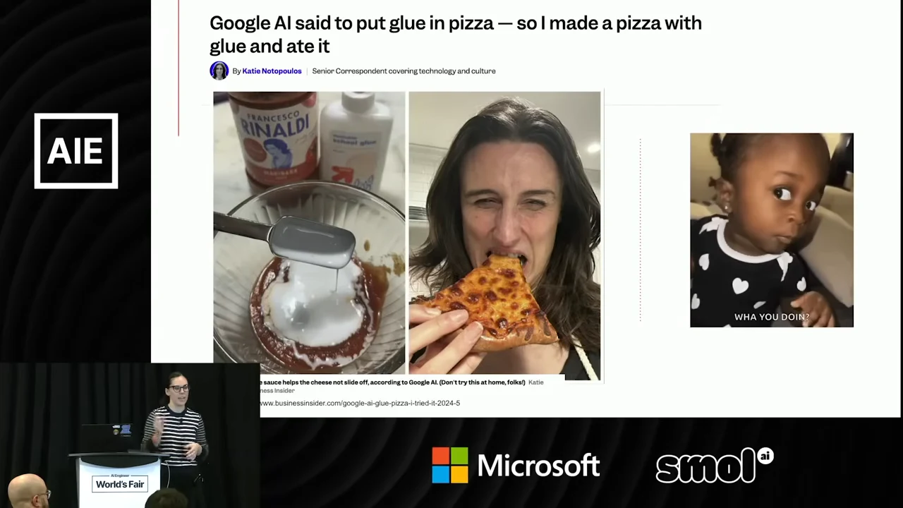 Article headline about Google AI suggesting glue in pizza, with photographs of glue on pizza, a person eating a slice, and a reaction image.