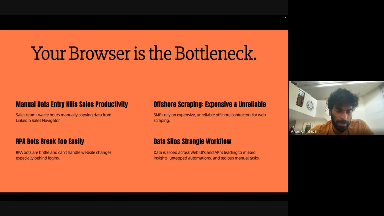 Orange slide titled “Your Browser is the Bottleneck.” Four text blocks describe workflow problems, with the presenter visible at right.