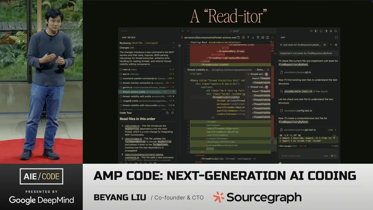 Editor screenshot beneath the title A “Read-itor,” with a file list and reading guide on the left, red and green code changes centrally, and an agent conversation on the right.
