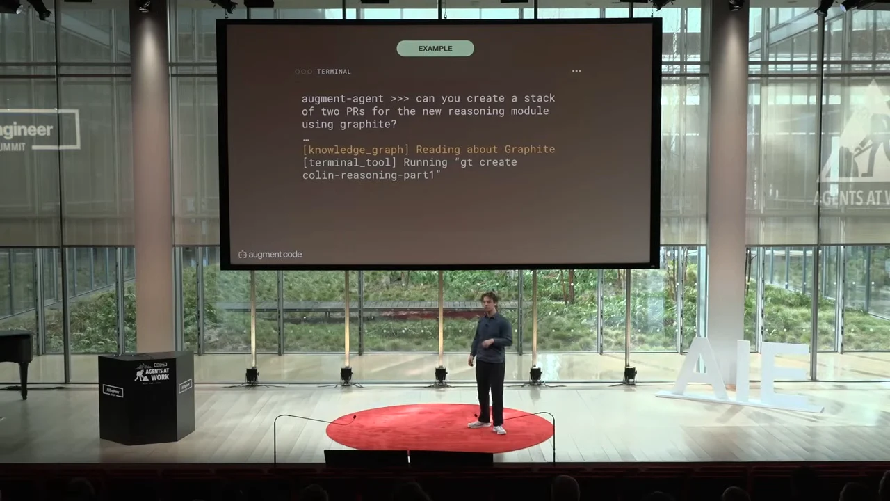 Projected terminal example asks for two stacked PRs using Graphite, then displays “Reading about Graphite” and a tool invocation beginning with “gt create.”