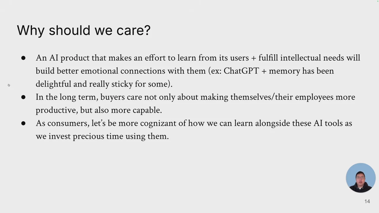 Why should we care slide with three bullets about emotional connections, productivity and capability, and intentional learning while using AI tools.