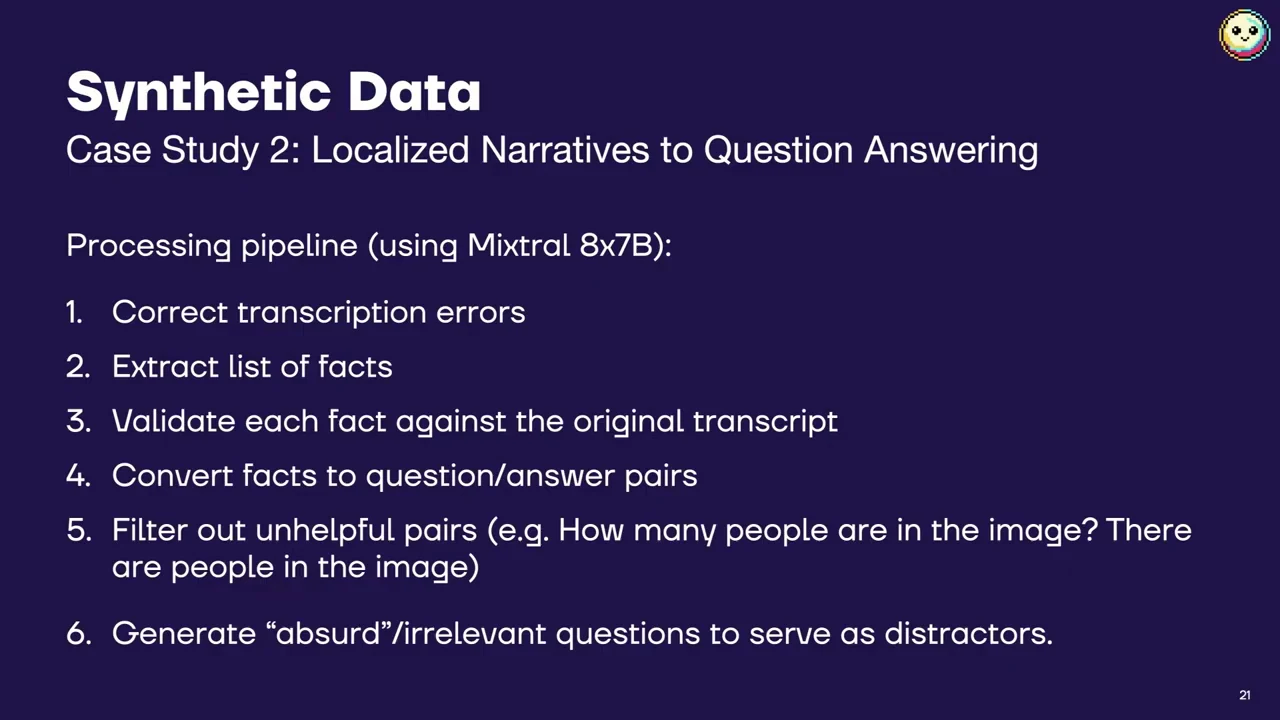Processing steps: correct transcription errors, extract facts, validate facts, create question–answer pairs, filter unhelpful pairs, and generate absurd or irrelevant questions.
