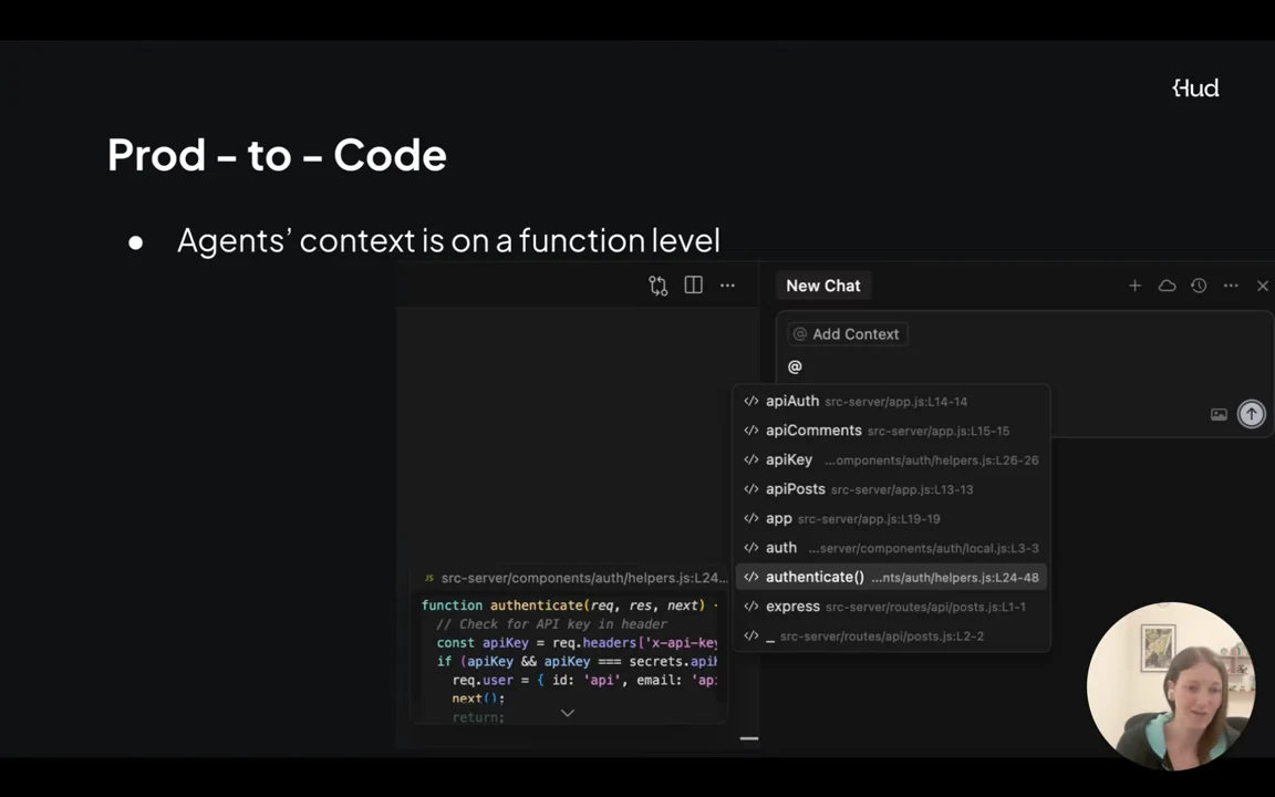 Slide titled Prod-to-Code states that agents’ context is on a function level, above an editor screenshot showing code and a function selection menu.