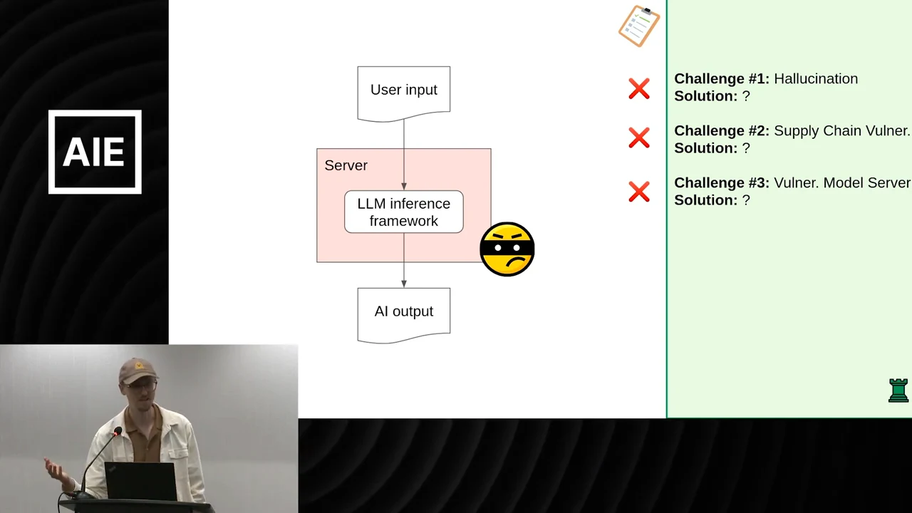 User input flows through an LLM inference framework to AI output. The server is shaded red beside an attacker icon; three listed challenges have red crosses.