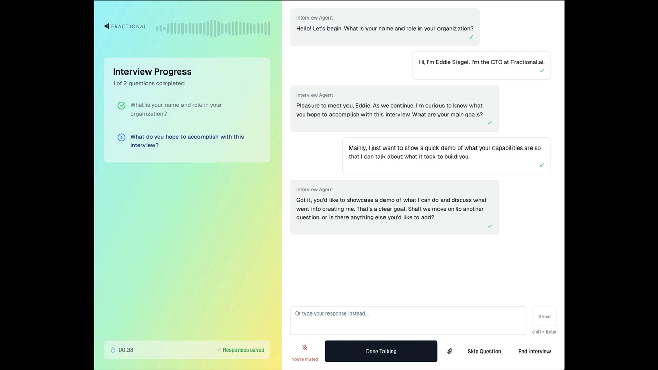 Interview interface with a progress sidebar showing one of two questions completed and a conversation about the participant’s role and demo goals.