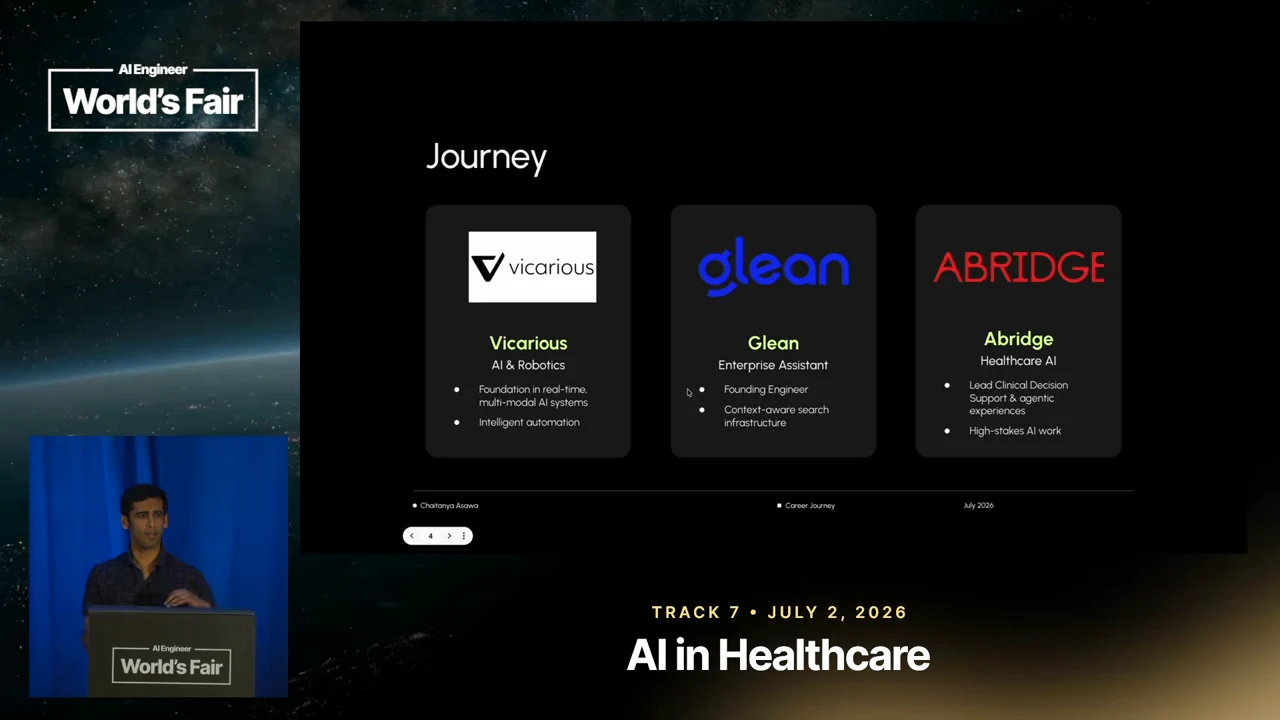 Journey slide with three columns labeled Vicarious, Glean, and Abridge, describing AI and robotics, enterprise assistance, and healthcare AI.