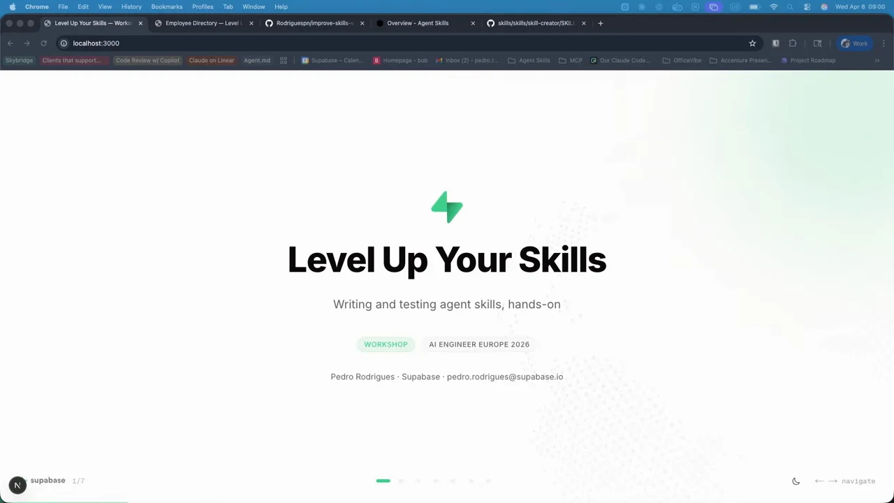 Browser displaying the workshop title, Supabase logo, and Pedro Rodrigues’s name.