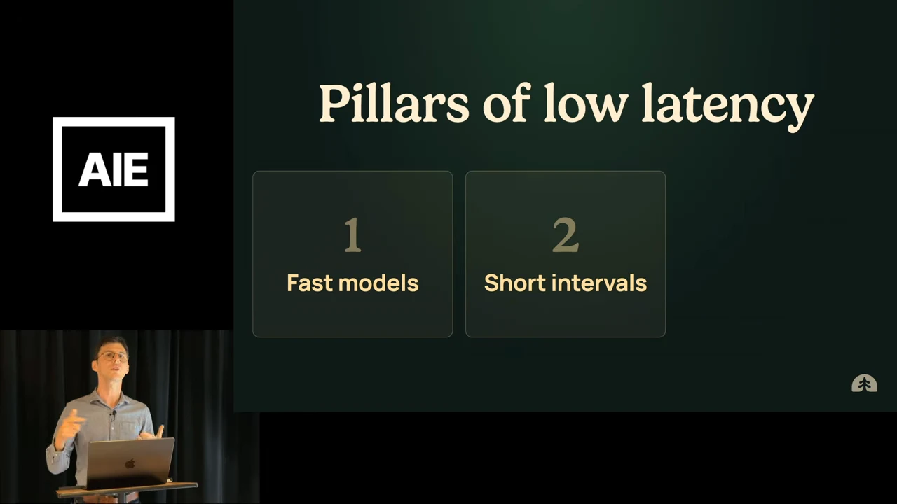 Slide titled “Pillars of low latency” with two numbered cards: “1 Fast models” and “2 Short intervals.”