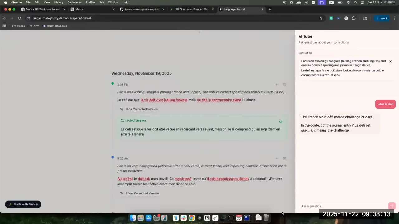 Language journal with highlighted corrections, an expanded corrected version, and an AI Tutor panel explaining the French word défi.