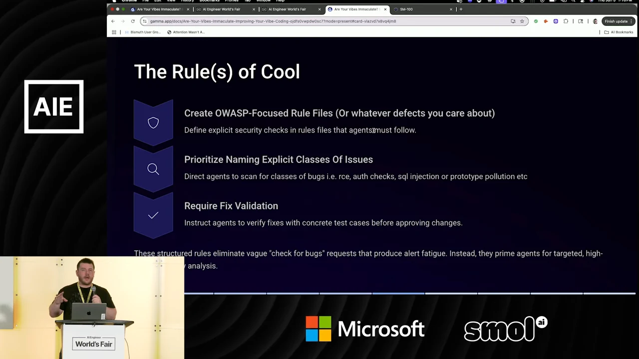 “The Rule(s) of Cool” slide lists OWASP-focused rule files, explicit classes of issues, and verification with concrete test cases.
