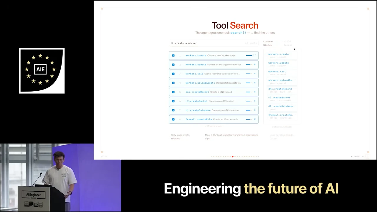 Tool Search slide with a create-a-worker query, checked search results, and a populated context panel with one entry highlighted.