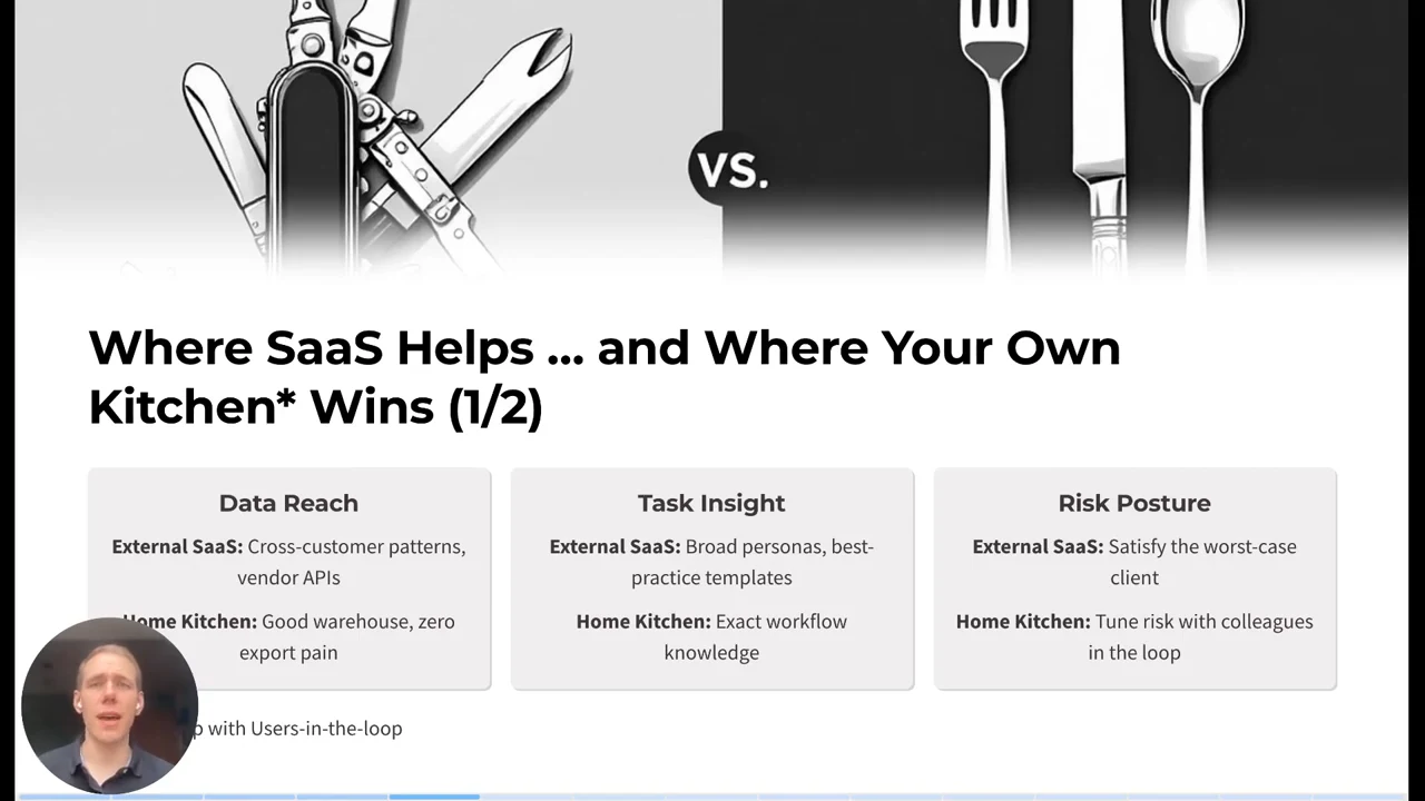 Three comparison cards beneath a Swiss Army knife versus cutlery illustration contrast external SaaS with internal data, workflow knowledge, and colleague involvement.