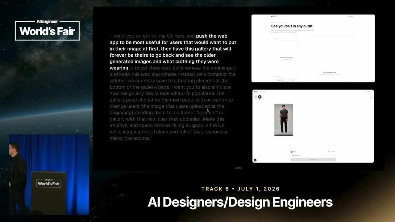 A long prompt with highlighted instructions on the left and two stacked interface screenshots on the right, the lower one showing a person’s outfit.