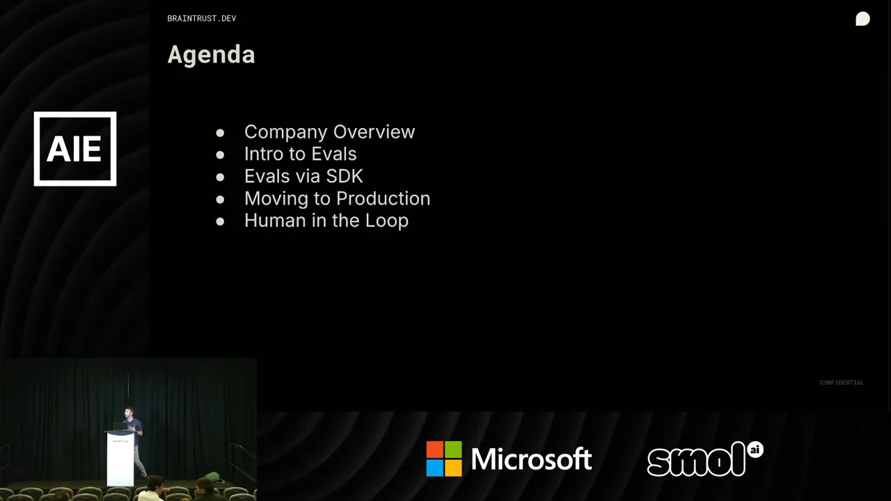 Agenda slide listing Company Overview, Intro to Evals, Evals via SDK, Moving to Production, and Human in the Loop.