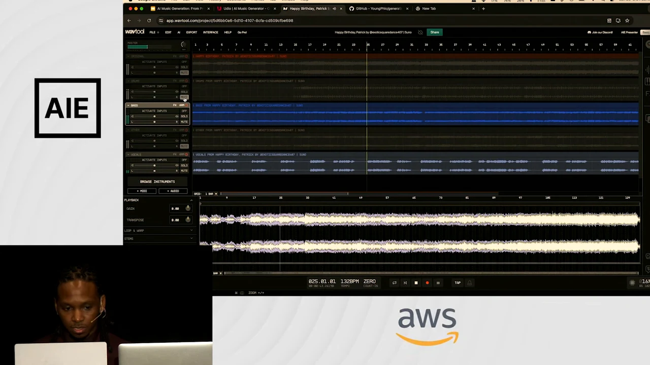 WavTool timeline with stacked audio tracks, a blue selected region, a vertical playhead, and two waveform channels below.