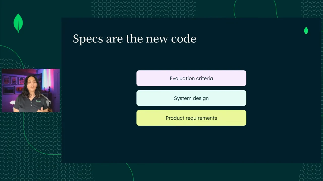 Slide titled “Specs are the new code” with three stacked boxes labeled Evaluation criteria, System design, and Product requirements.