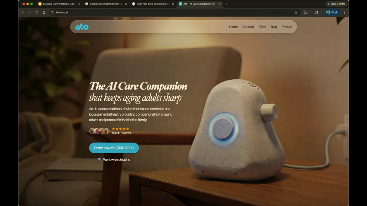 Ato website shows a fabric-covered companion device on a side table beside the heading The AI Care Companion that keeps aging adults sharp.
