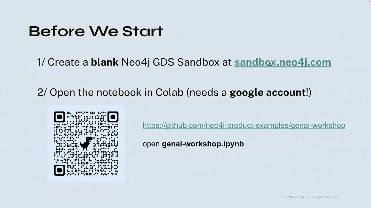 Before We Start slide with sandbox and GitHub links, a QR code, and instructions to open genai-workshop.ipynb.