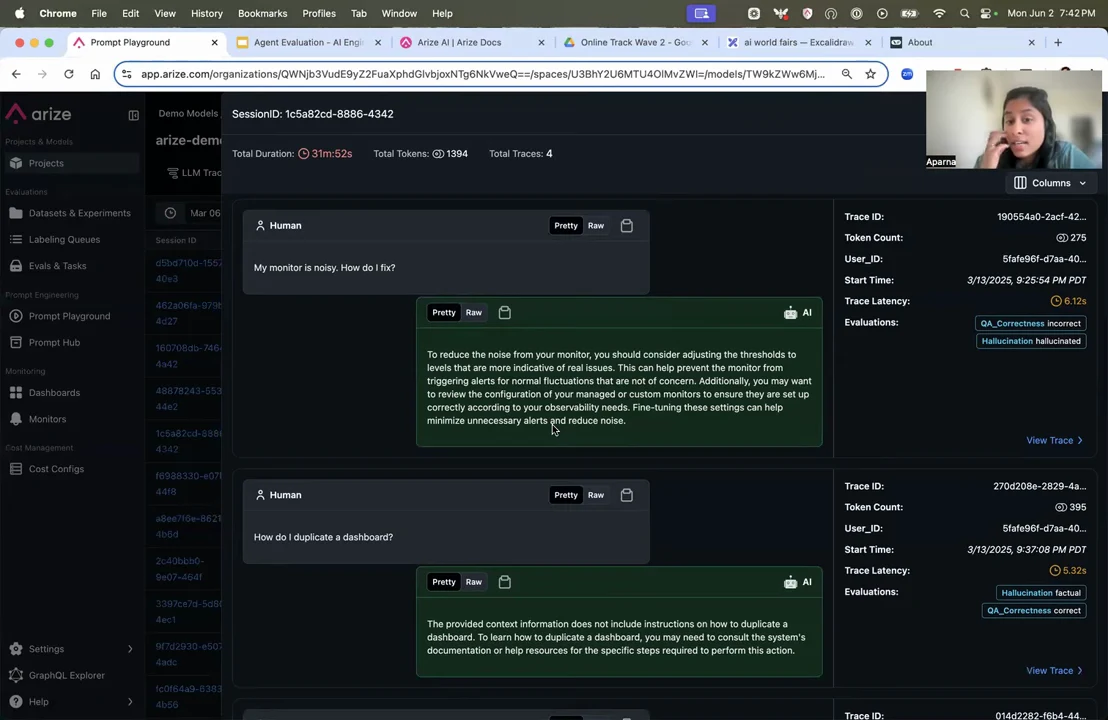 Arize session detail showing human questions about a noisy monitor and duplicating a dashboard, green AI response cards, and evaluation labels on the right.