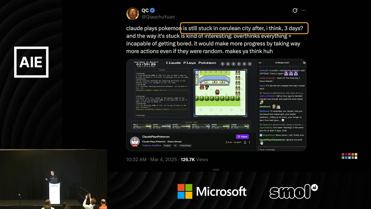 Post with an orange outline around the claim that Claude is still stuck in Cerulean City, above a Pokémon livestream screenshot.